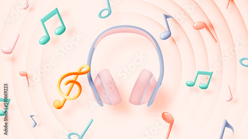 Music notes and headphones with melody or tune 3d realistic