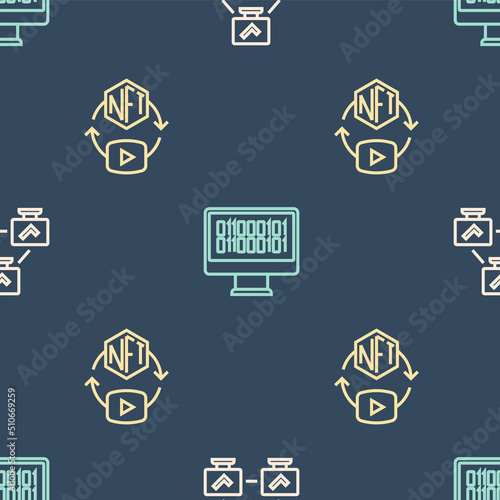 Set line NFT blockchain technology, Digital crypto art and Binary code on seamless pattern. Vector