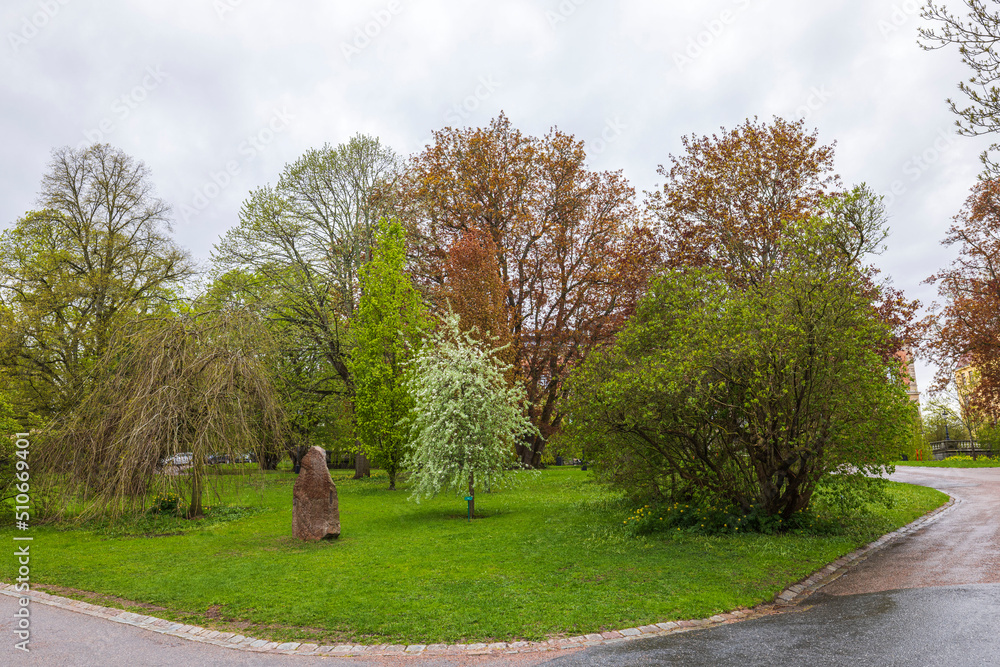 Fototapeta premium Beautiful landscape view of nature in park on rainy cloudy day. Sweden.