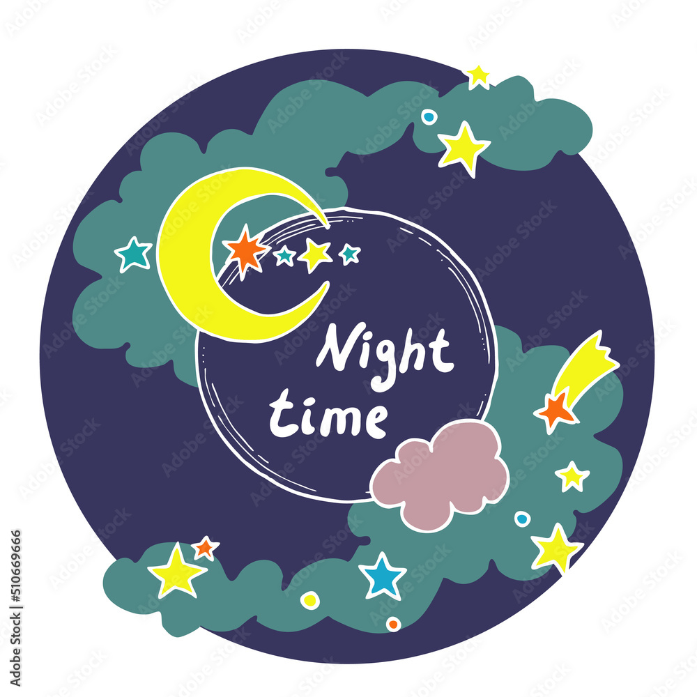 Good night theme frame with moon, stars and clouds on the dark sky. Quotes background, poster, card decoration. Hand drawn illustration. Cartoon retro vintage boho style drawing.