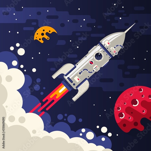 Rocket starts flies to Mars - cartoon illustration. Rocketeship flies in space among stars and planets - vector image.