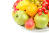 Fruits and vegetables isolated on a white . There is free space for text.