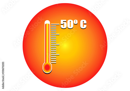 Ola de calor. Calentamiento global. Termómetro a 50 grados con el sol de fondo