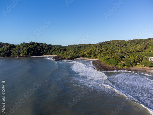 Aerial view of a deserted paradise beach amidst the nature of the Atlantic Forest