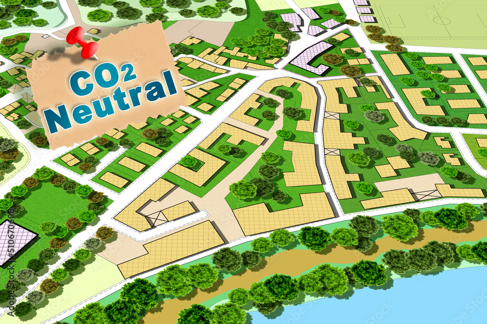 Fototapeta premium CO2 Neutral in construction industry - carbon dioxide mitigation in building activity - concept with an imaginary city map