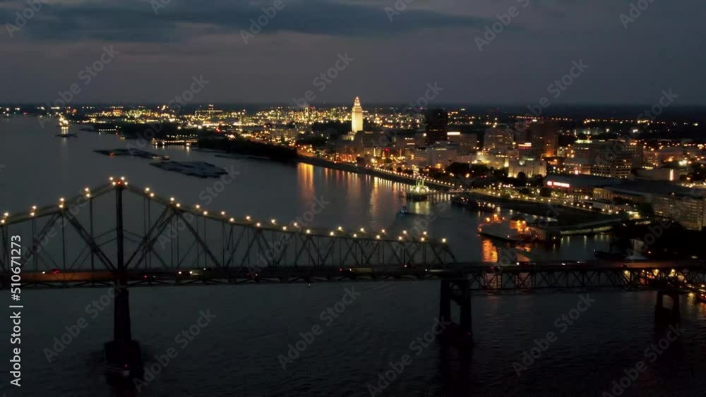 Mississippi River Bridge in Baton Rouge Louisiana and State Capitol at night Mississippi River Bridge in Baton Rouge Louisiana and State Capitol at night
