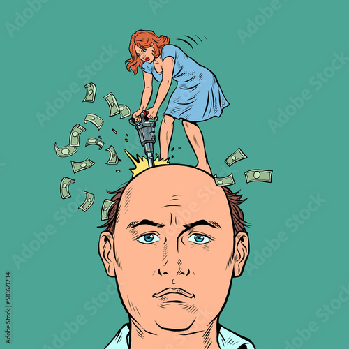 a man and a woman are getting divorced, the divorce process is a concept, a woman with a jackhammer on her head