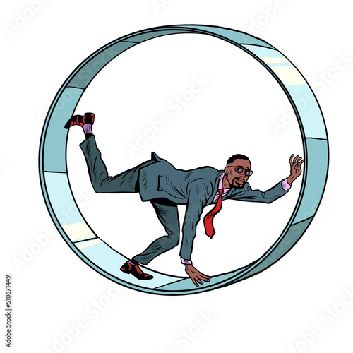 african businessman in a squirrel wheel. isolate on a white background Routine monotonous work. A man in captivity of his affairs