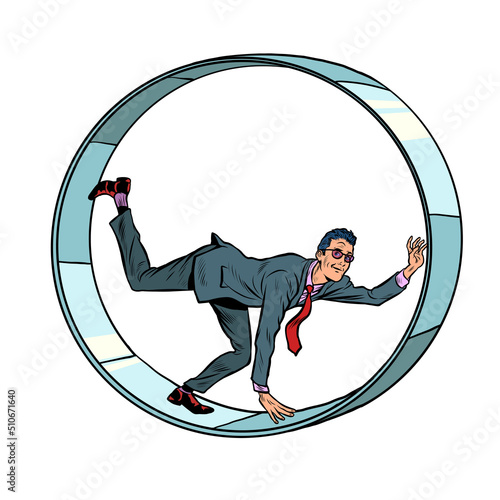 A businessman in a squirrel wheel. Routine monotonous work. A man in captivity of his affairs