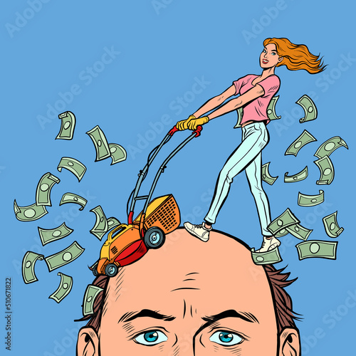 Husband and wife, problems because of money. Expensive divorce, financial litigation concept. Haircut dollars