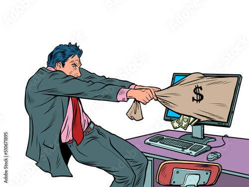 Businessman pulls money out of the internet. Man with a bag of electronic money