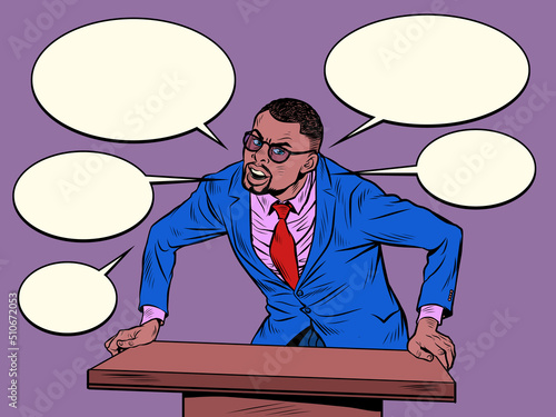 african businessman speaker speaks on podium, training business school. Politician or preacher