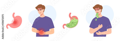 Sick male with stomachache symptoms. Stomach pain and vomit because of food poisoning. Concept of gastric disease, health care and medicine, digestive illness, nausea. Flat vector illustration. photo