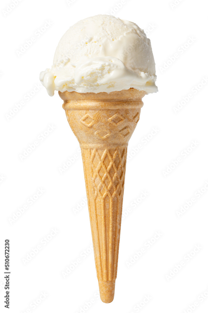 waffle cone with white ball of ice cream isolated on white background, close up waffle cone with white ball of ice cream isolated on white background, close up