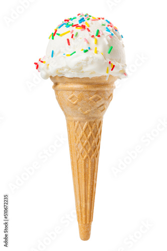 wafer cone with white scoop of ice cream and colorful sprinkles isolated on white background, close up