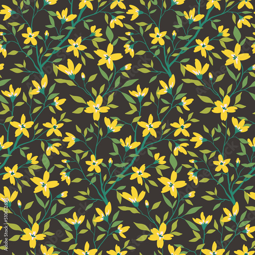 Seamless floral pattern, romantic ditsy print with vintage flowers branches. Trendy botanical background design with hand drawn yellow flowers, small leaves on branches. Vector illustration.