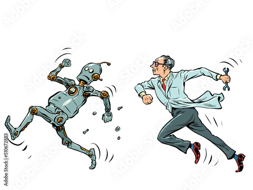 The robot runs away from the scientist man. Artificial intelligence and people concept. Lab Escape