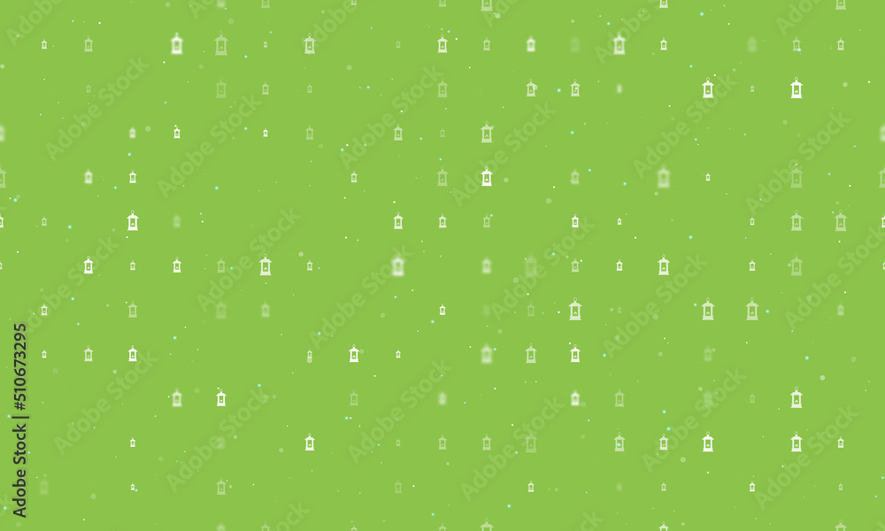 Seamless background pattern of evenly spaced white Christmas lanterns of different sizes and opacity. Vector illustration on light green background with stars