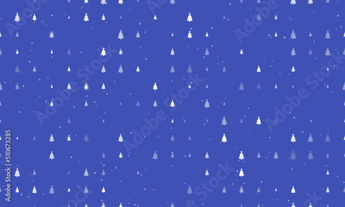 Seamless background pattern of evenly spaced white Christmas trees of different sizes and opacity. Vector illustration on indigo background with stars