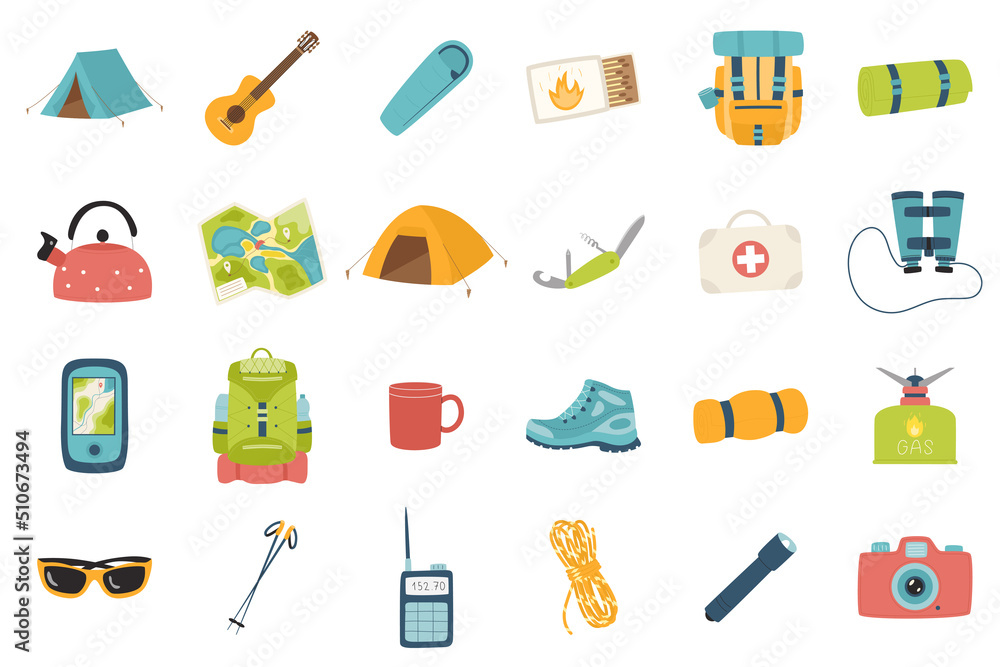 A set of design elements for summer, vacation, tourism, hiking, camping, picnic. Flat cartoon icons for web. cards, posters, banners. Color vector illustration isolated on a white background. A set of design elements for summer, vacation, tourism, hiking, camping, picnic. Flat cartoon icons for web. cards, posters, banners. Color vector illustration isolated on a white background.