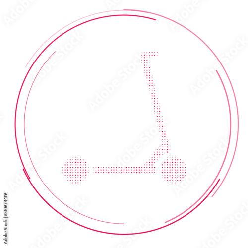 The kick scooter symbol filled with pink dots. Pointillism style. Vector illustration on white background