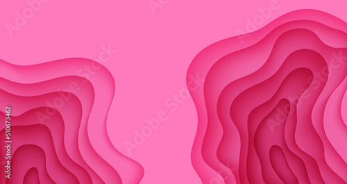 Paper cut background with waves and hole. Pink 3d abstract backdrop with smooth wavy layers. Women's Breast Cancer Concept. Creative poster template in rose color. Female vector card illustration