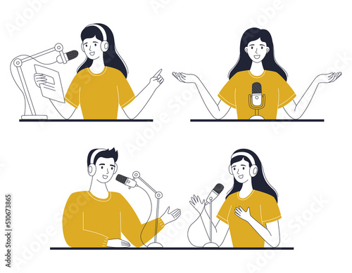 Set of people talking into a microphone, recording a podcast. A woman interviews a man. A cute girl hosts a radio broadcast, an online show, read news. Outline vector illustrations isolated on white