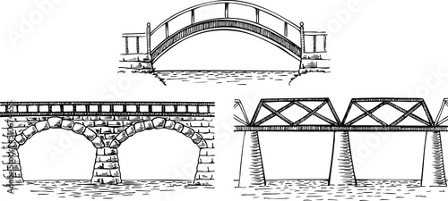A set of hand-drawn vector illustrations. Bridges. 