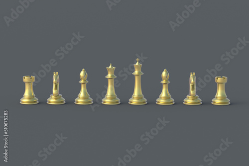Set of golden chess figures on gray background. Table games. International tournament. Hobby and leisure. 3d render