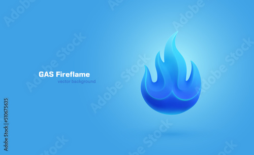 Blue stylised 3d Gas Fire Flame on light background vector illustration. Extraction of natural resources industry banner template