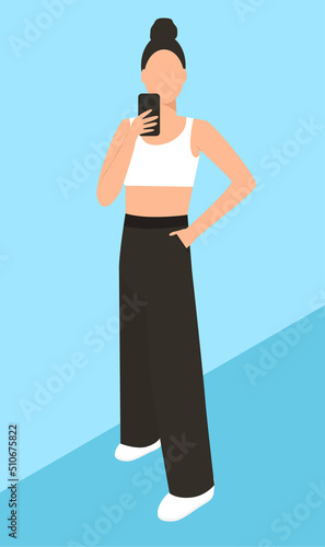 Beautiful girl model posing, vector illustration. Empty face. Face without eyes, nose, mouth, eyebrows.