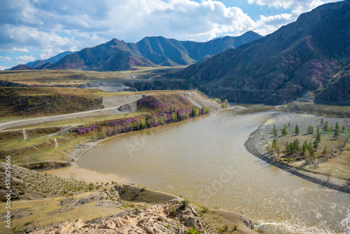 Confluence of Chuya and Katun rivers in Altai mountains, Siberia, Russia. Spring landscape. Famous tourist destination