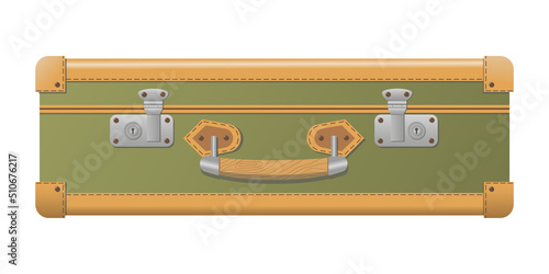Vintage suitcase. Green classic suitcase. Travel object. Isolated vector illustration.
