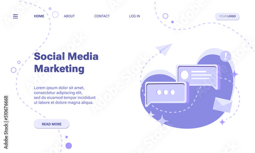 Social media marketing landing page template. Concept of network advertising, internet marketing. Vector illustration of smm with isometric message bubble with icons for social media app