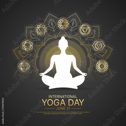 International yoga day banner or poster template design with seven chakras. Woman doing yoga pose, vector illustration.