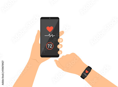 Monitoring heart rate with a fitness bracelet and a phone app. Hands with phone and fitness tracker on a white background