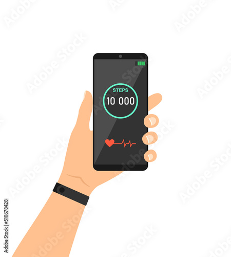 Hand holding a phone with a step tracking application on screen