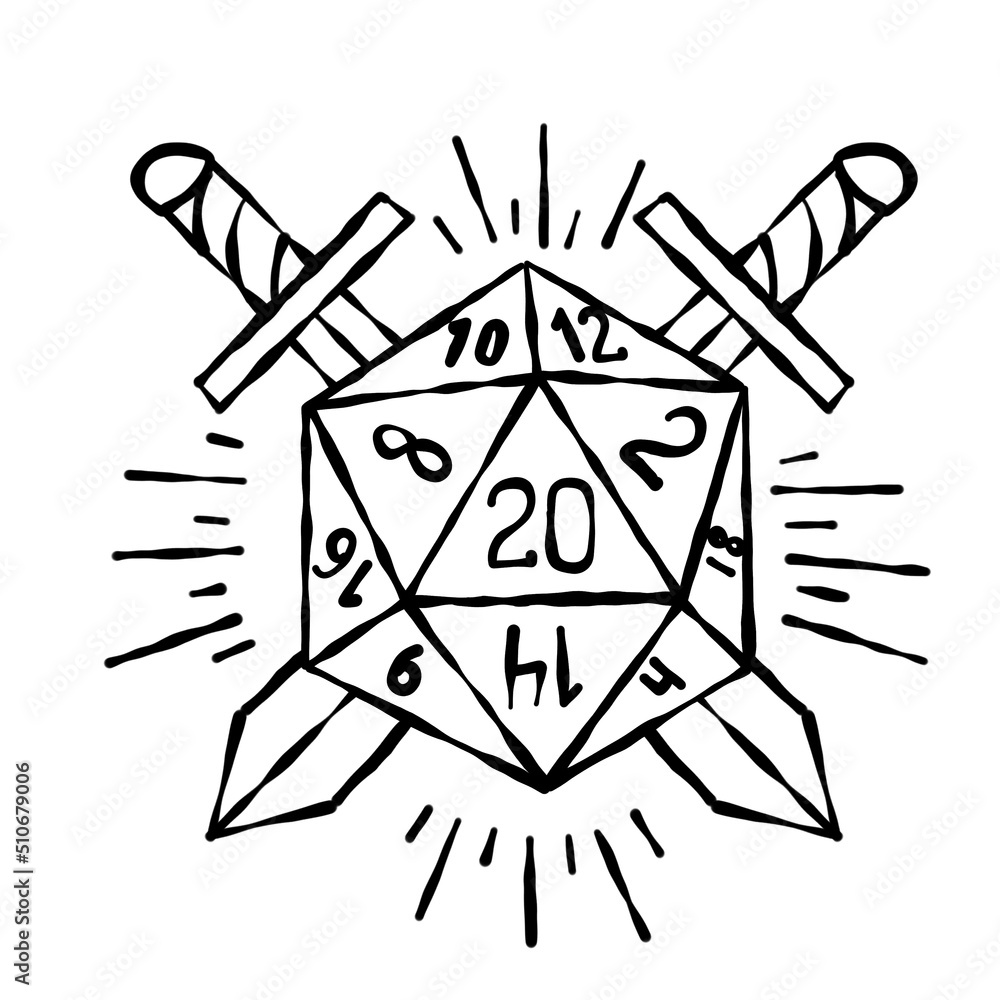 Cartoon dice for fantasy dnd and rpg Board game. Outline cartoon with medieval sword Cartoon dice for fantasy dnd and rpg Board game. Outline cartoon with medieval sword