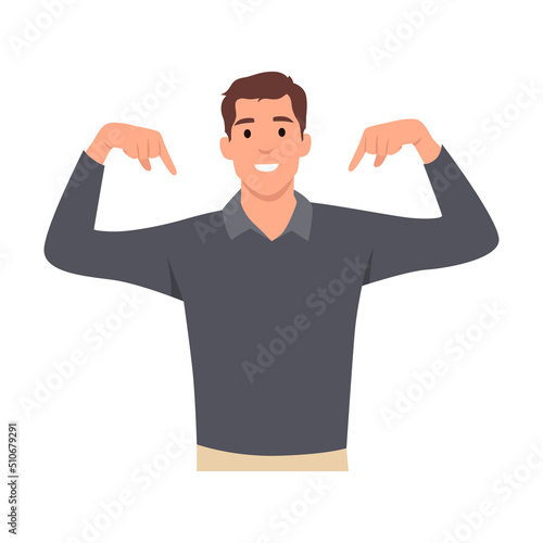Young man cartoon High self esteem concept. Proud young man pointing at himself with both hands, confident, successful. Flat vector illustration isolated on white background