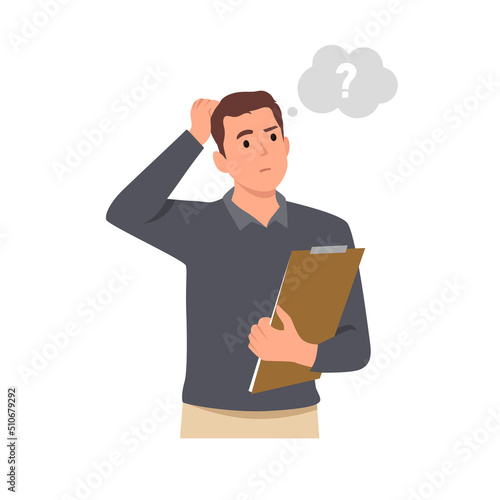 Young man cartoon standing feeling doubt with question signs above concept character . Flat vector illustration isolated on white background