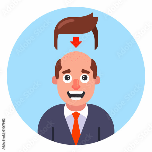 a bald man tries on a wig to hide his baldness. flat vector illustration.