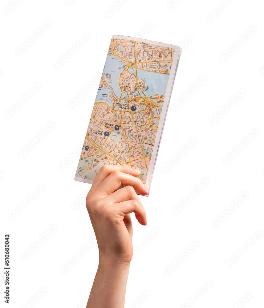 Woman hand holding tourist map, guide isolated on white background. Travelling, going to trip, visiting places of interests, attractions concept. High quality photo - obrazy, fototapety, plakaty 