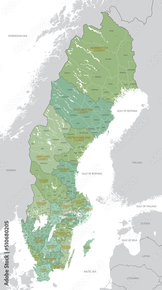 Detailed map of Sweden with administrative divisions into Regions and Municipalities, major cities of the country, vector illustration onwhite background