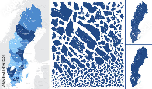 Detailed vector blue map of Sweden with administrative divisions into Regions and Municipalities of the country