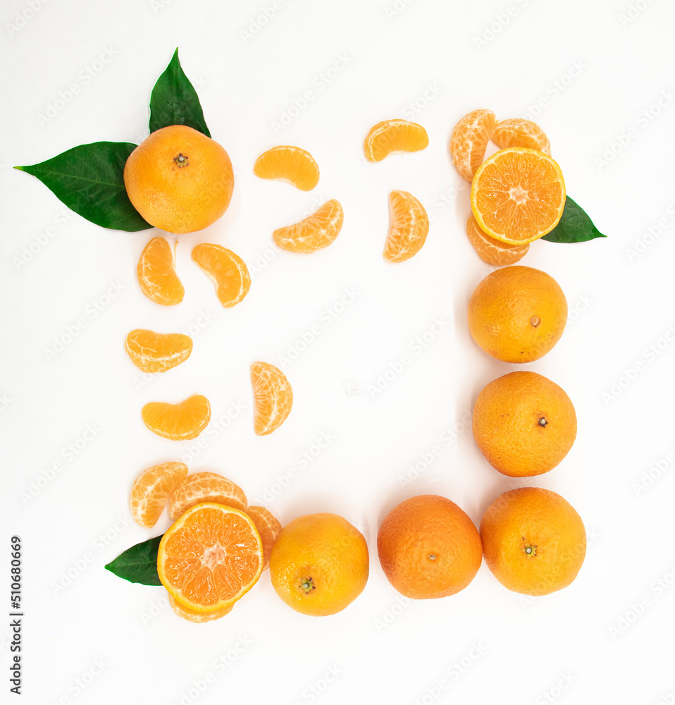 slice Tangerine or orange with leaf isolated on white background,top view slice Tangerine or orange with leaf isolated on white background,top view