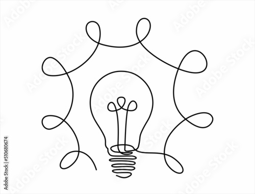 Continuous one line drawing of electric light bulb. Lightning in the lamp symbol of energy. Symbol idea and creativity isolated on white background minimalism design. Vector illustration.