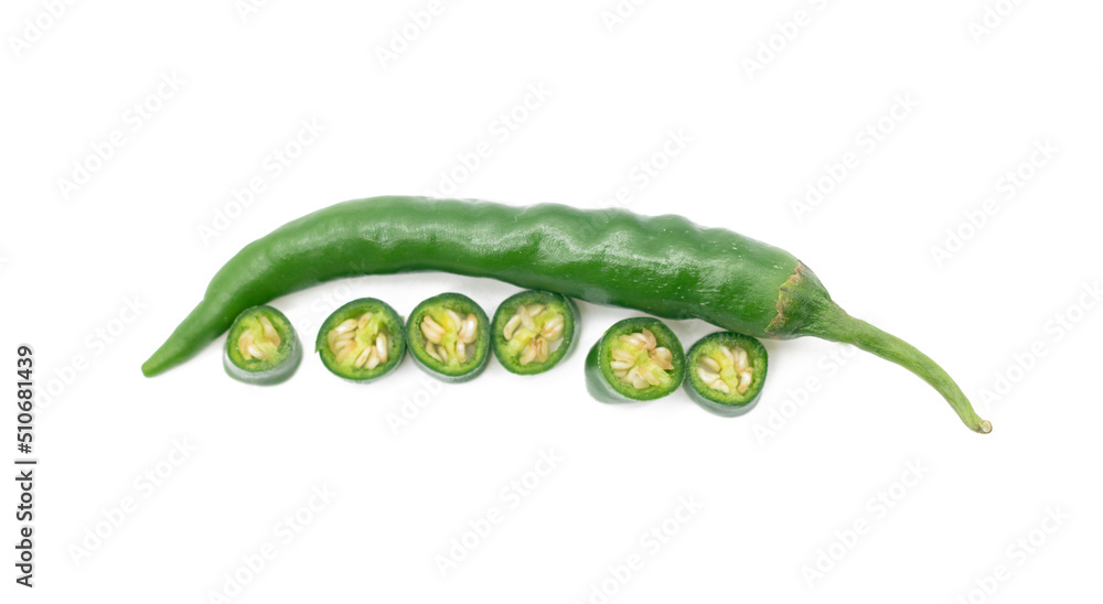 green chili with slices over on white background