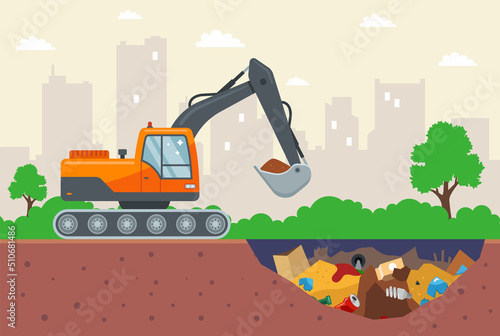 excavator digs garbage. waste compost. cesspool. flat vector illustration.