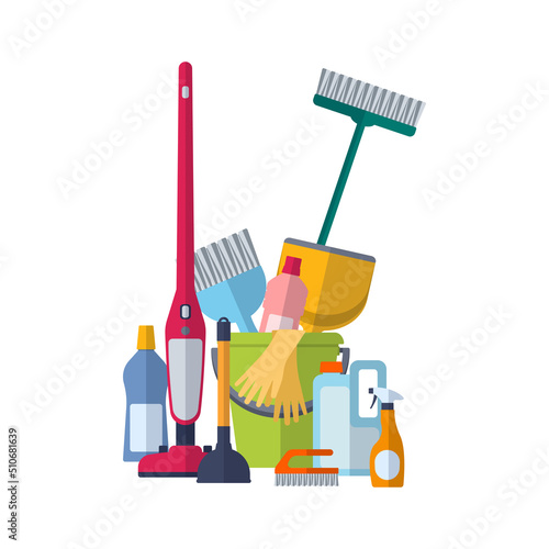 Cleaning service concept. Poster template for house cleaning services with cleaning tools. 