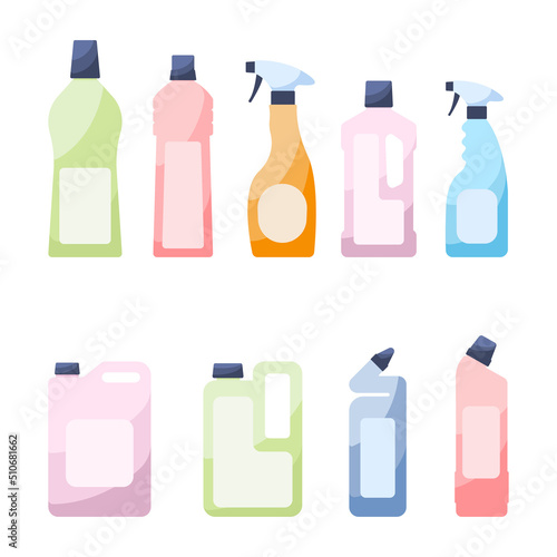 Liquid cleaning bottle set. Bathroom containers.